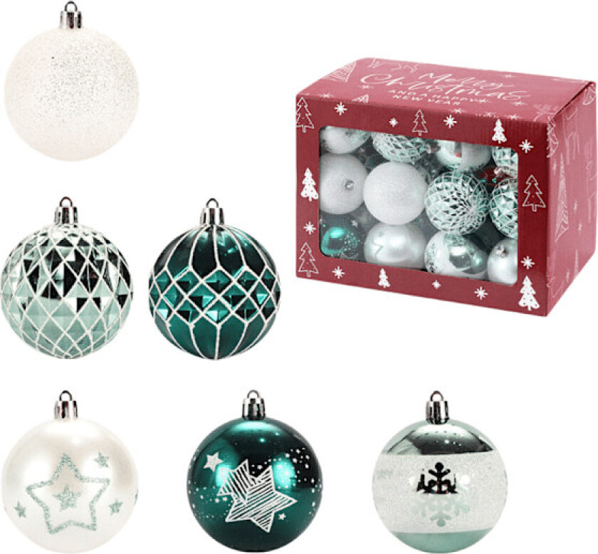 36 stk. Julepynt, 7 cm malte julekulesett i en boks, juletrepynt