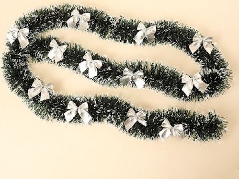 Julekrans i mørkegrønn glitter med snøeffekt & sløyfedekorasjon Sesongmessig hengende pynt for innendørs utendørs 2m Silver