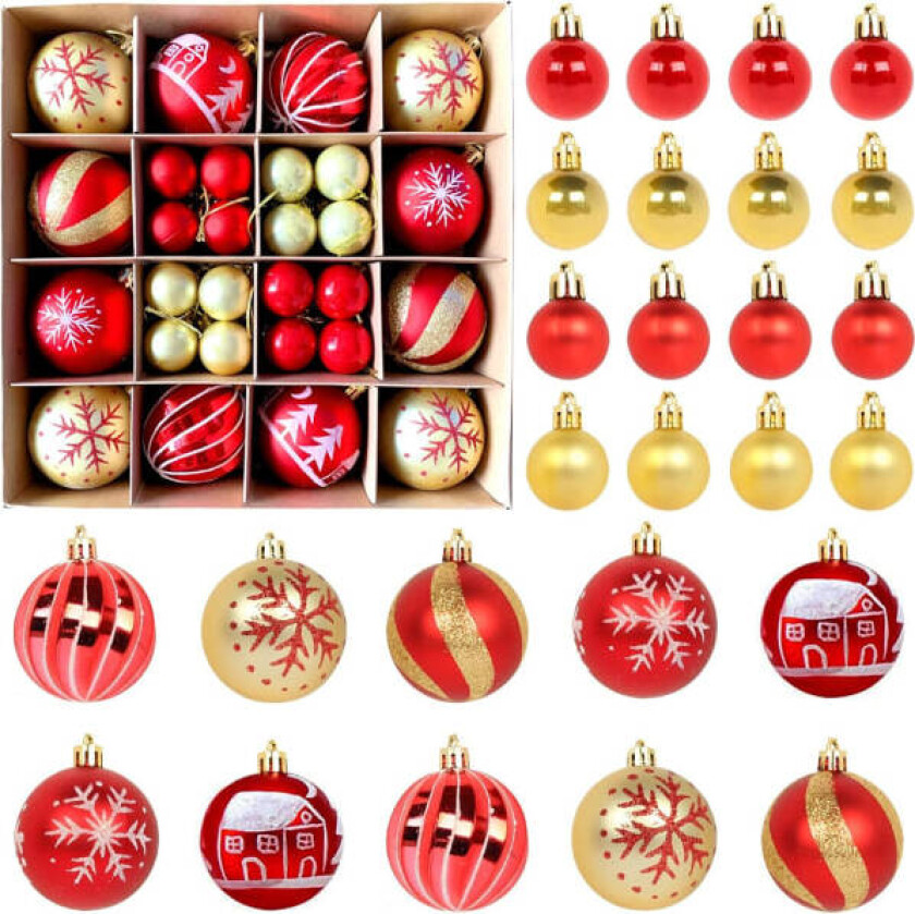 44 stk. knusebestandige julekuler til juletre, bryllupsfest, festival (rød/gull)