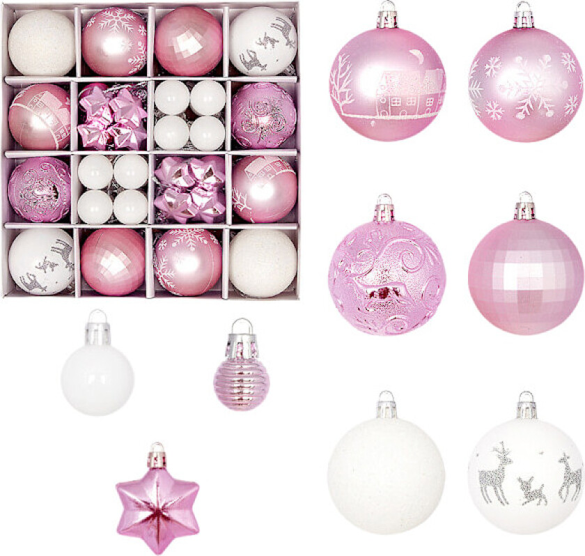 Set med 60 julekuler, 3-6 cm, malte juledekorasjoner, juletrepynt Rosa