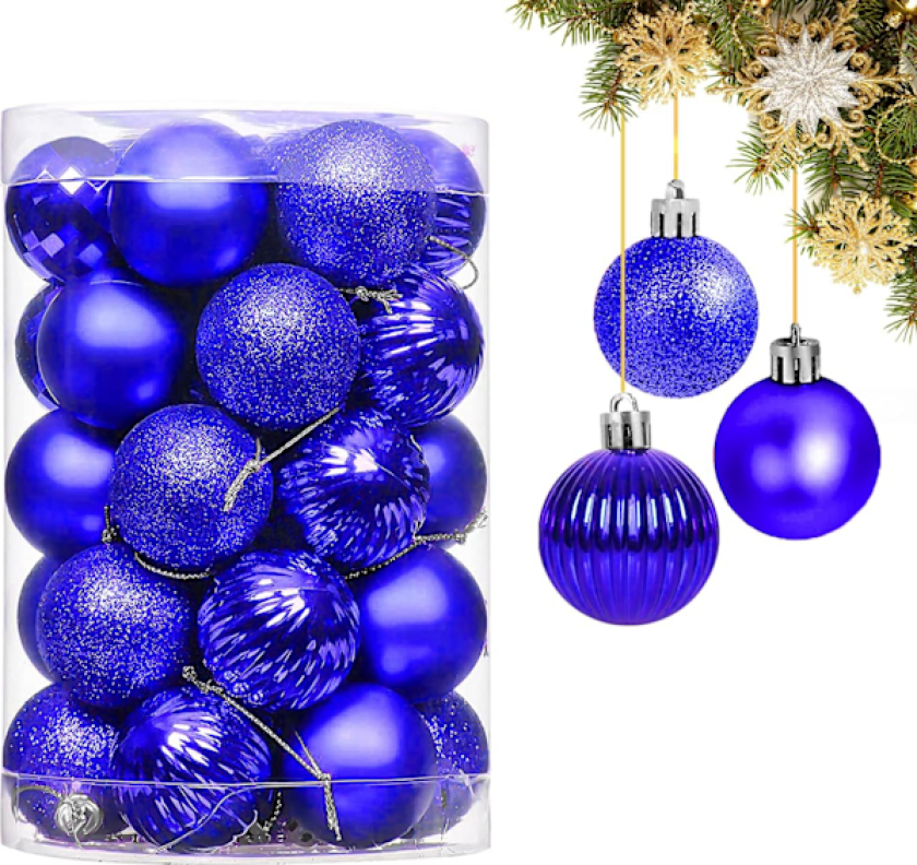 Blå julekuler, 34 stk julepynt dekorasjonskuler ornamenter blå dekorative anheng, juledekorasjonsobjekter, julegirlander