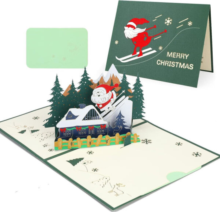CDQ 3D Pop Up-kort Julekort, vakkert julemann gratulasjonskort med konvolutt(ski)