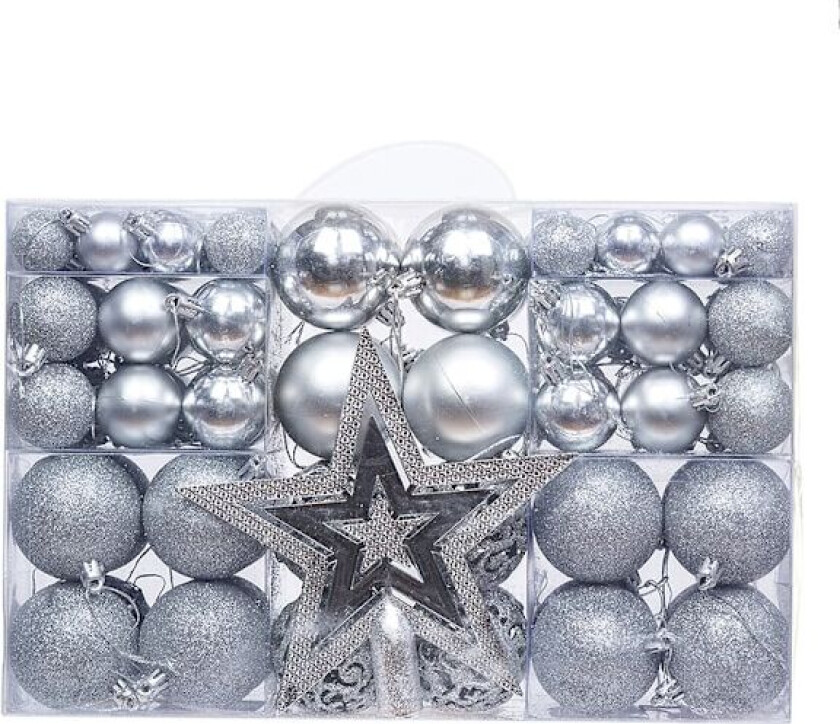 Set med 101 gjennomsiktige julekuler, 3-6 cm, blanke og matte, juledekorasjoner grau