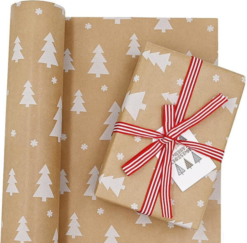 43cmx15M Rullpakke Julegavepapir, Kraftpapir med Juletre Gjenbrukbar Gavepapir