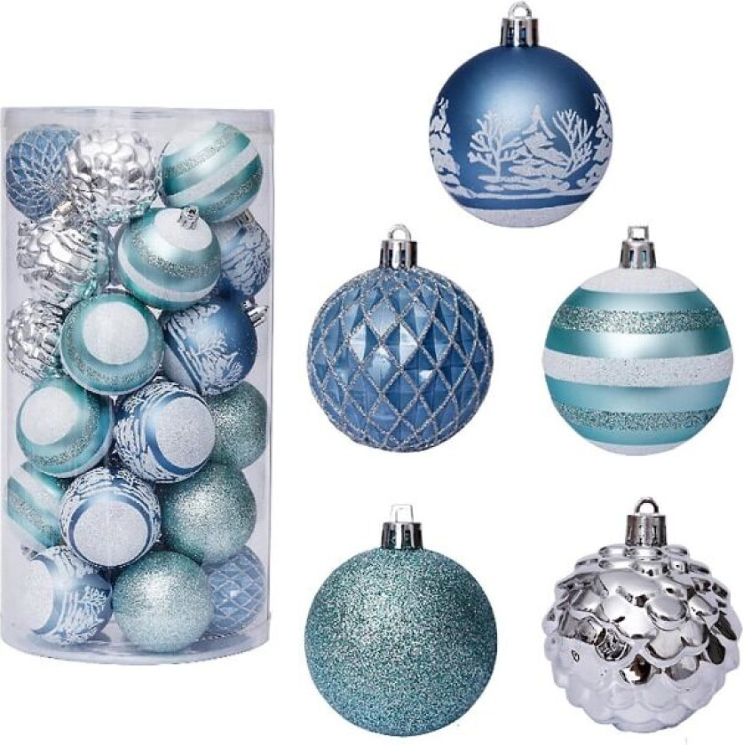 Julekuler i plast, sett med 30 stk, knusefrie julekuler 60 mm, trepynt