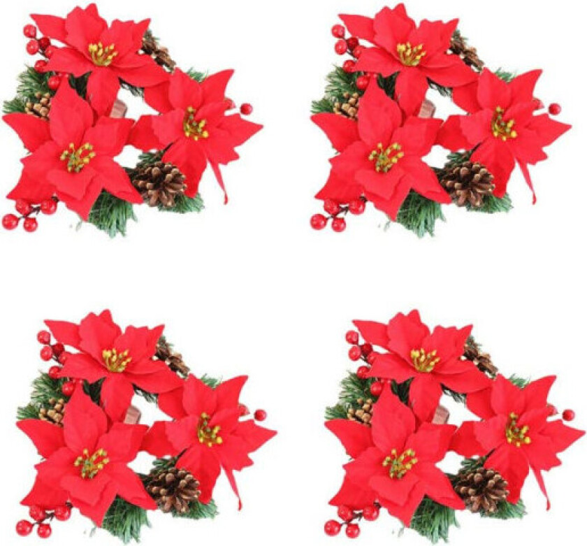 4 stk julelysringer, 3,9 tommers kunstig julestjerneblomst med furukongler julekrans lysestake julekrans