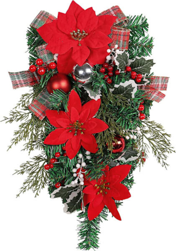 Kunstig Juletre-Dråpekrans, Hengende Julekrans med Røde Juleblomster, Vinterfuru Nåler (1 stk)