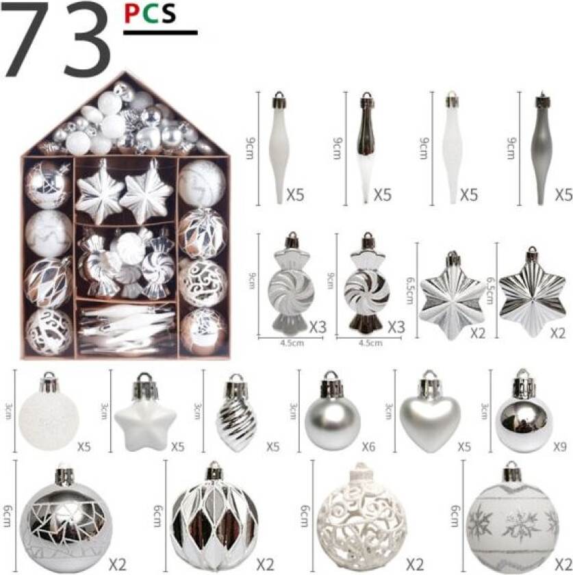 73 stk Julekuler 3-9cm Vintertema Sølv Hvit, Jul