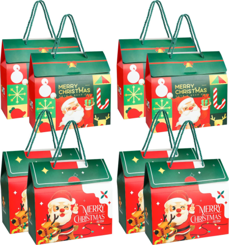 Julegaveposer, 8 stk julegaveesker med håndtak, fire mønstre juletema kakebokser, Santa Eve gavepose i papir til jul