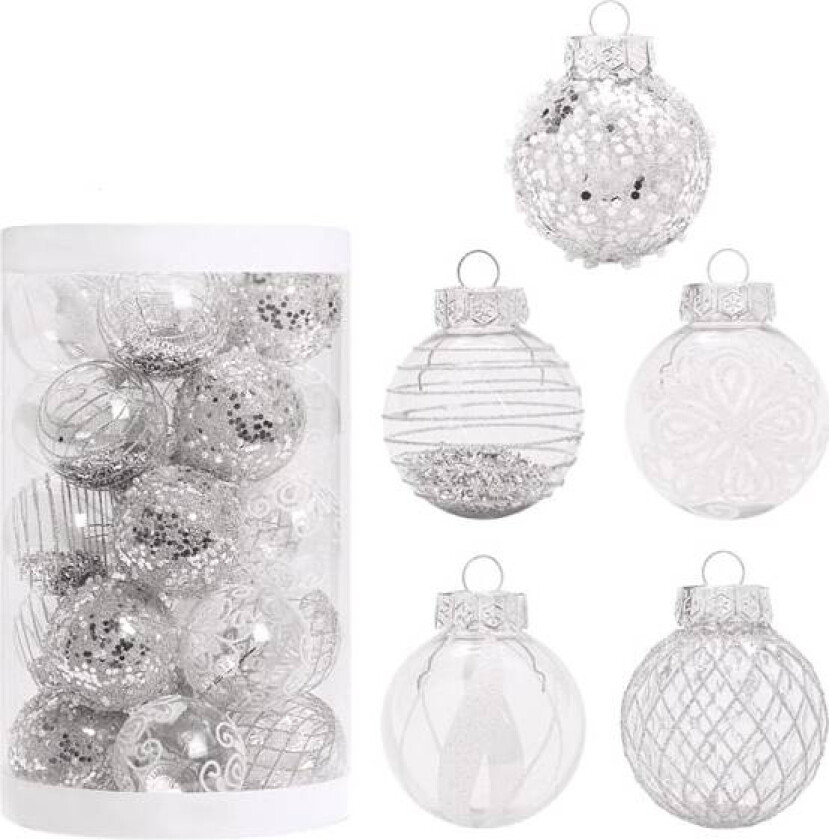 Julepynt, sølv-hvitt malt julekulesett, juletrepyntkuler