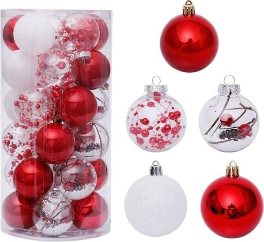 Julekule Ornamenter Sett (60mm/2.4inch, Rød+Hvit, 30PCS)
