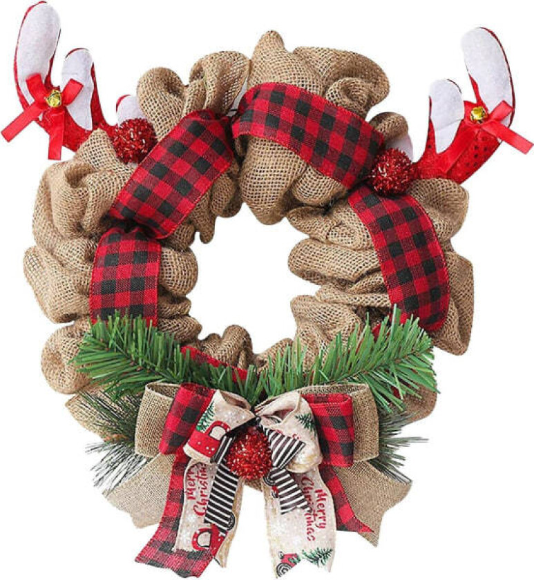 Julekrans for inngangsdør 14\" Burlap-krans med horn Buffalo Plaid juledekorasjoner"