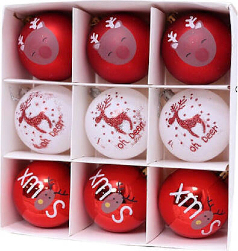 Julepynt, 9 stk Røde og Hvite Juletrærpynt, Julekuler, Juletrær Feriepynt