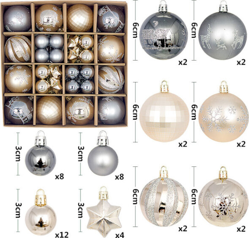 Nye julekuler 44 stk malt spesialformet pappeske 3-6 cm sett julepynt forgylt kule anheng B