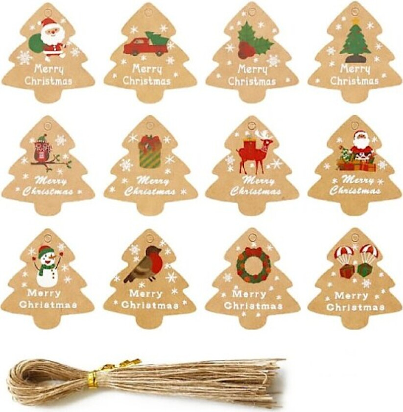48 store julegavemerker med bånd - 12 elegant designede personlige festlige navnelapper - Garn