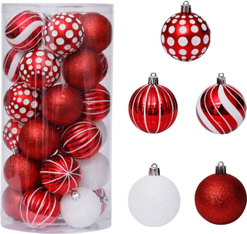 30 stk røde og hvite julekuler, 6 cm knusesikre julekulepynt til juletreet