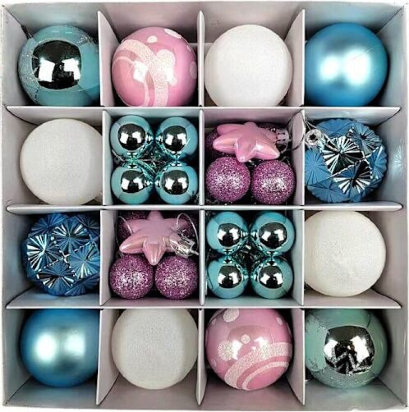 Set med 42 julekuler, 3-6 cm, i en papirkasse, blanke kuler, malte kuler, dekorative anheng Rosa