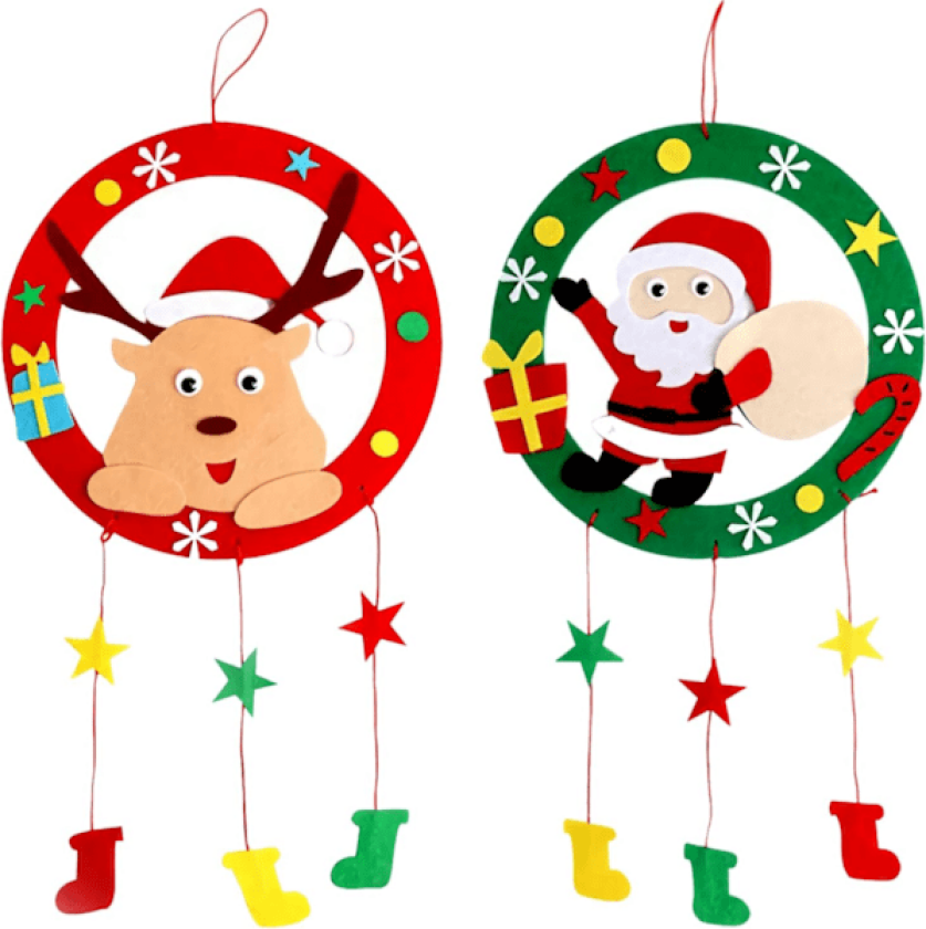 Pakke med 2 DIY Julekrans Håndverksett for Barn, Filt Hengende Kransdekorasjoner, Festlige Trepynt