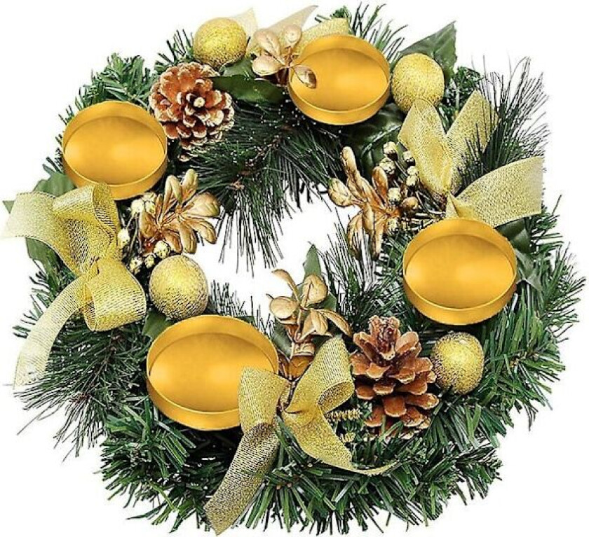 Julekrans 30 cm med Lysestaker, Kunstig Julekrans med Bånd, Gullfatkopp