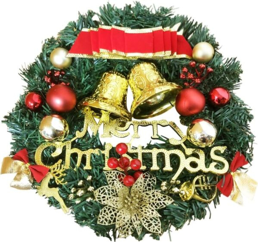 Julekrans Dør 30cm Kunstig Blomsterkrans Henge Julepynt med God Jul Sløyfe Bjelle for Vegg Peis Ramme