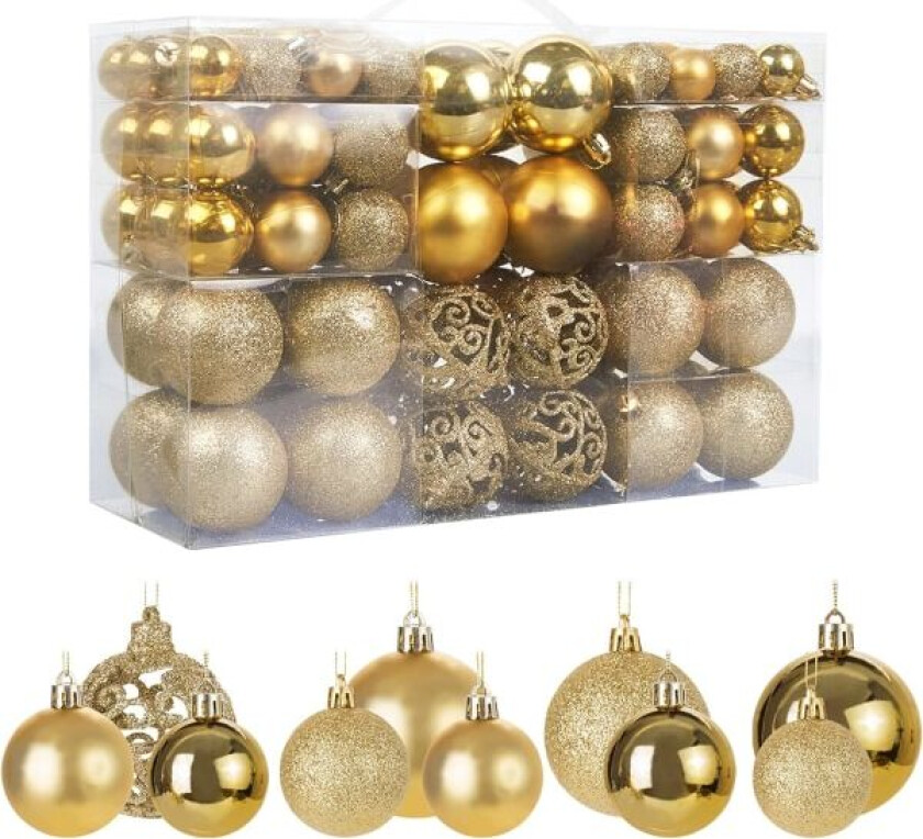 Pakke med 100 gull julekuler til juletreet, glitrende, ugjennomsiktige, skinnende dekorasjoner, diameter 3, 4 og 6 cm