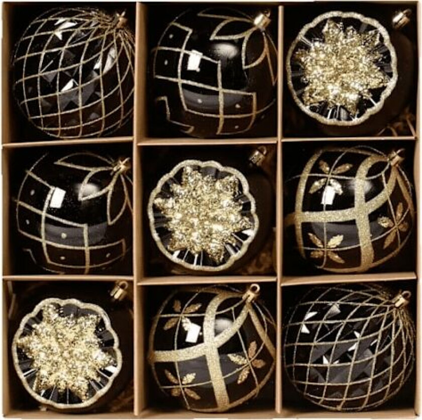 Julepynt, 10 cm, 9 stk. malte julekuler, gavepakke, juletrepynt Schwarz