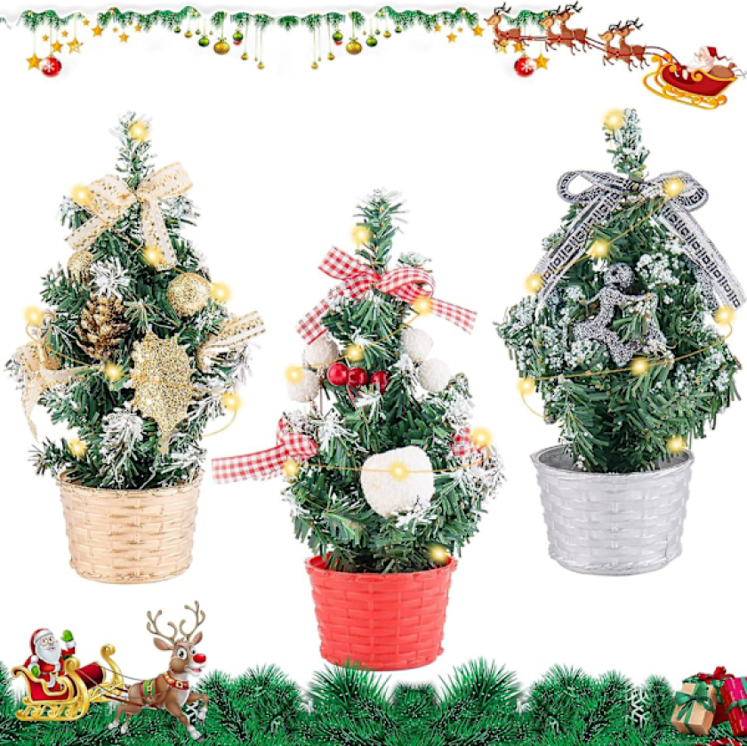 Mini Kunstig Juletre, 3 stk 20 cm Mini Bordjuletrær med Lys, LED-belyst Juletre