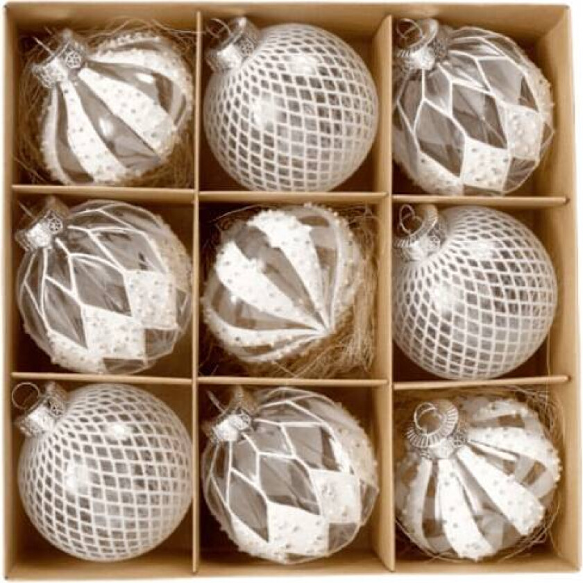 Julepynt, gjennomsiktig malt julekulesett, juletrærtilbehør-anheng Weiß