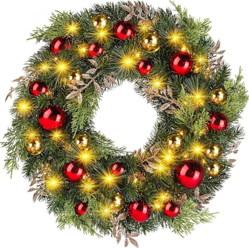40 cm julekrans med 40 LED-lys, rød og gull dekorasjon for inngangsdøren