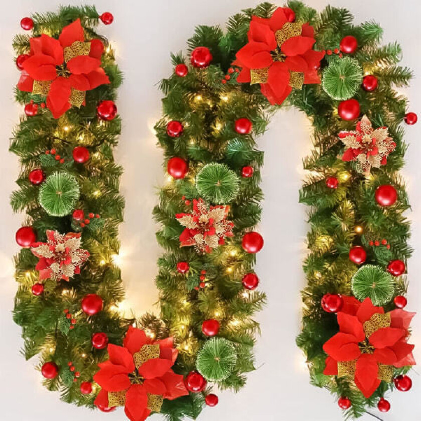 Julekranser, julekrans med lys, 2,7 m kransdekorasjoner Lys, julepynt, julekranser til inngangsdøren