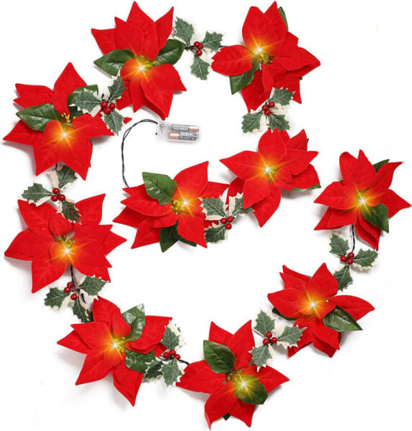 9,8 fot rød julekrans med kunstige fløyelsblomster