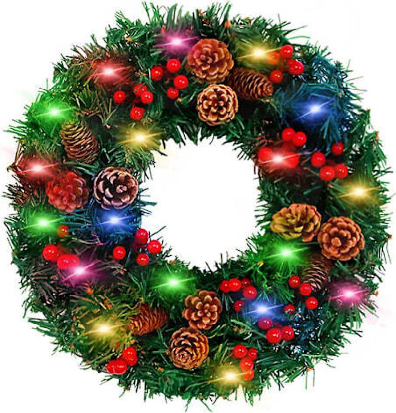 Kunstig Julekrans med Furukongler Røde Bær LED Lys Girlander for Inngangsdør Vegg Bondegård Innredning Utendørs Innendørs Festtilbehør 40 cm-colourful lights