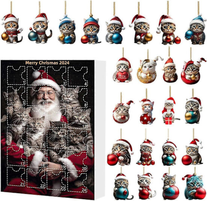 Julekalender for katter 2024, 24 dagers juleteller med søte kattedukker, julekalender