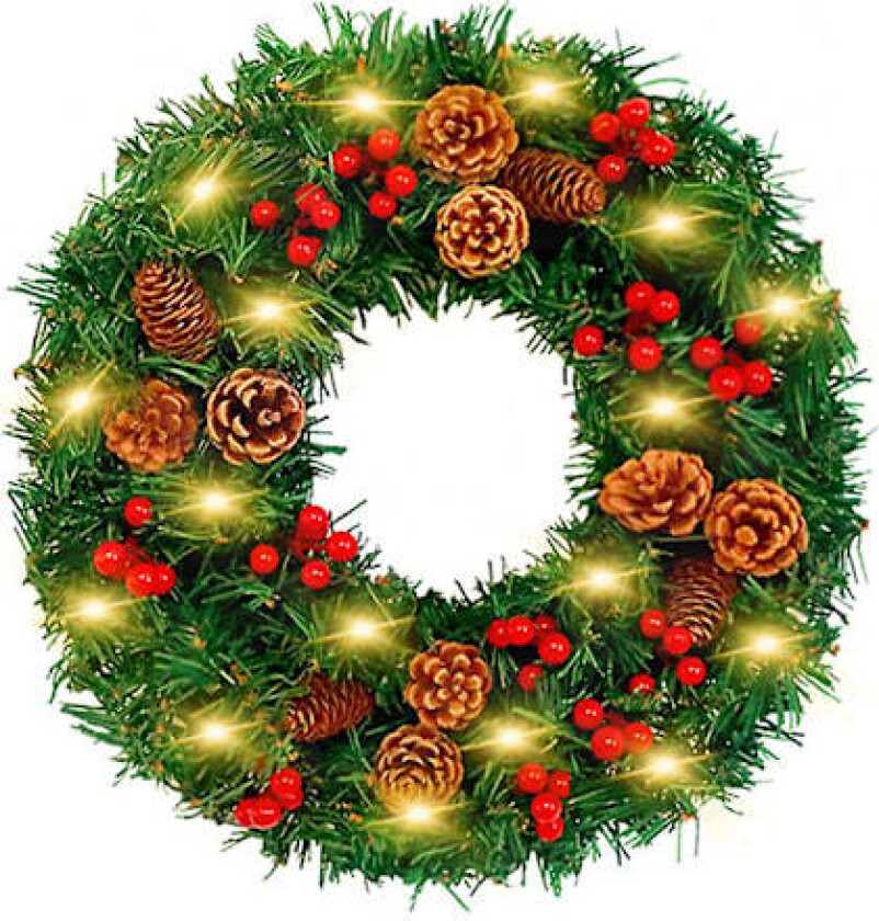 Kunstig Julekrans med Furukongler Røde Bær LED Lys Girlander for Inngangsdør Vegg Bondegård Innredning Utendørs Innendørs Festtilbehør 30 cm-warm light