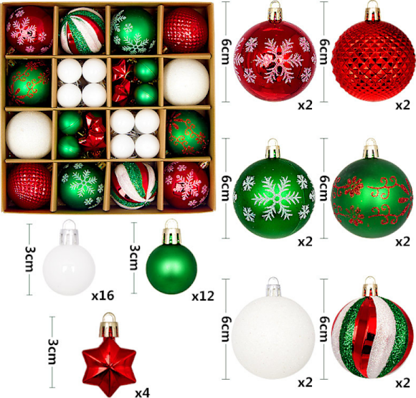 Nye julekuler 44 stk malt spesialformet pappeske 3-6 cm sett julepynt forgylt kule anheng B