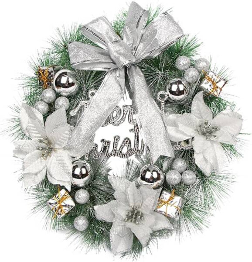 Julekrans for ytterdøren 15.8in dia..Hengende julekrans med bue, blomster, ball kunstige julekransdekorasjoner kranser