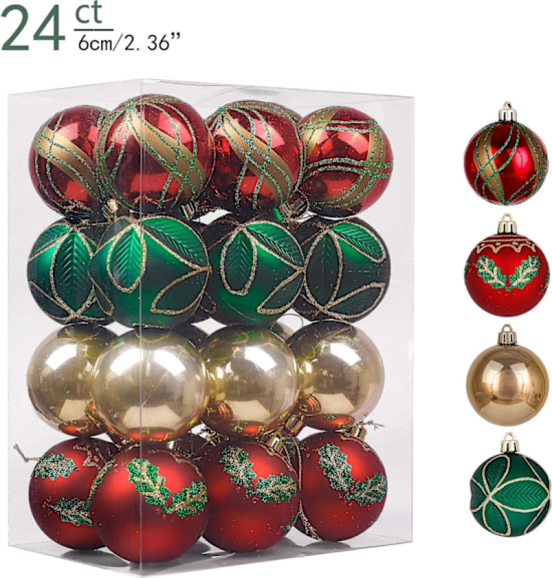 24 stk 60mm Tradisjonelle Røde, Grønne og Gull Julekulepynt, Juletrepynt