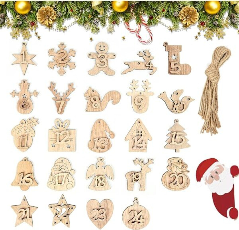 24 stk. adventskalender i tre med tall, juletrepynt i tre