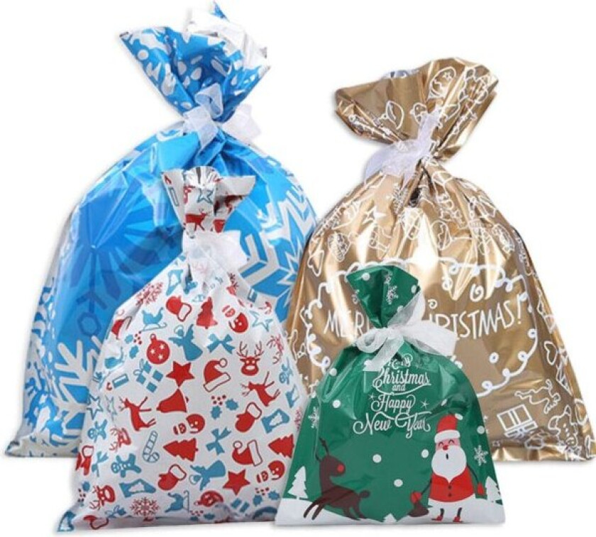 30 gaveposer, 4 størrelser gavepose med snor Julenissens godteripose og slips
