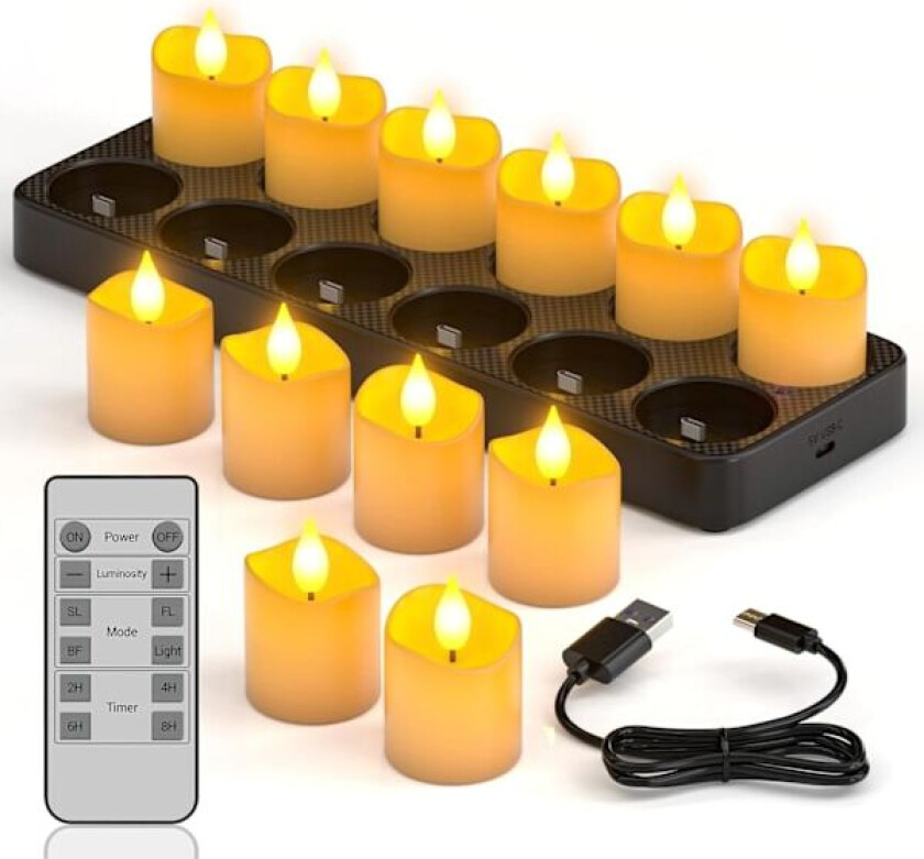 Flammeløse telys med fjernkontroll, 6 LED, flimrende, automatisk timer, USB, glatt, julefestdekor