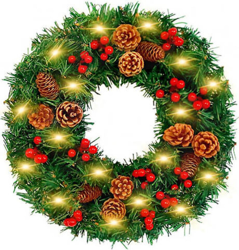 Kunstig Julekrans med Furukongler Røde Bær LED Lys Girlander for Inngangsdør Vegg Bondegård Innredning Utendørs Innendørs Festtilbehør 40 cm-warm light