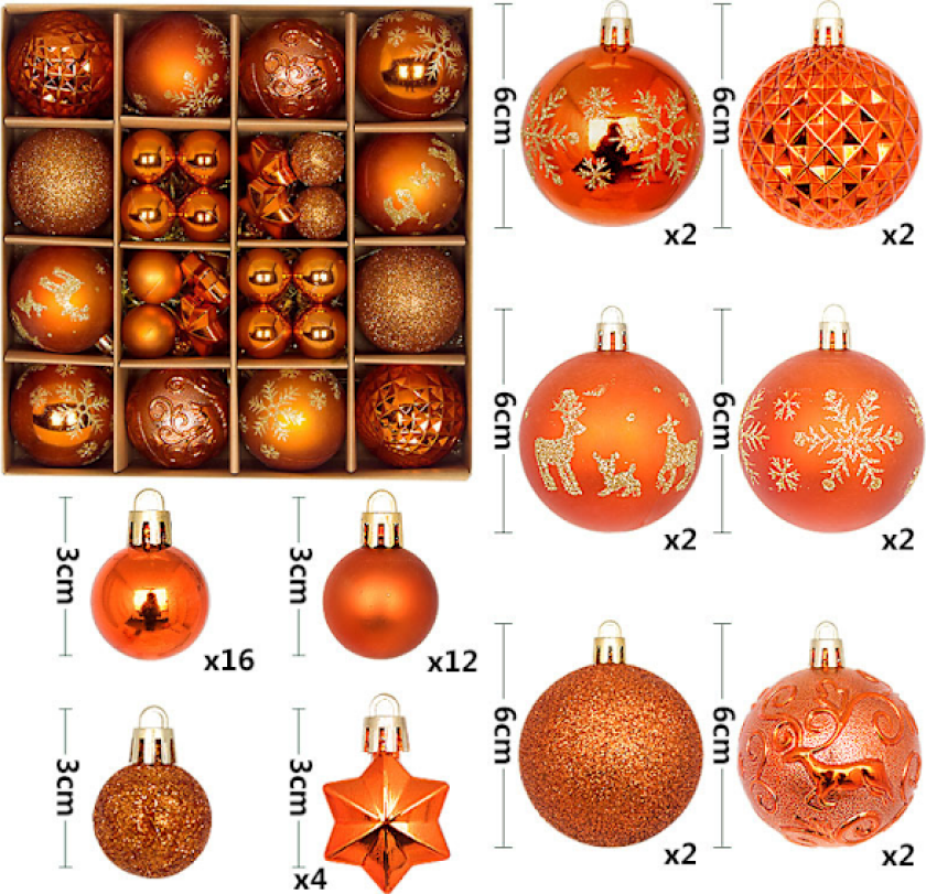 Nye julekuler 44 stk malt spesialformet pappeske 3-6 cm sett julepynt forgylt kule anheng B