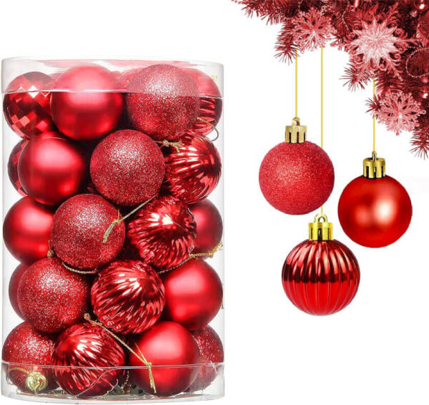 Røde julekuler, 34 stk julepynt kuler ornamenter røde dekorative anheng, juledekorasjonsobjekter, julegirlander