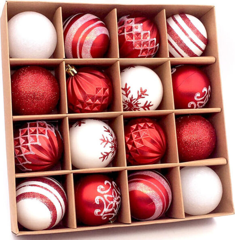 16 stk. julekule i assorterte farger og anheng, 2,4 tommer julekule i skinnende, knusesikker dekorasjon for juletre og høytid (rød)