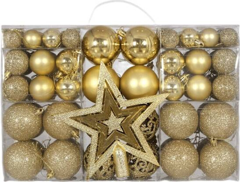 Set med 101 gjennomsiktige julekuler, 3-6 cm, blanke og matte, juledekorasjoner Gelb