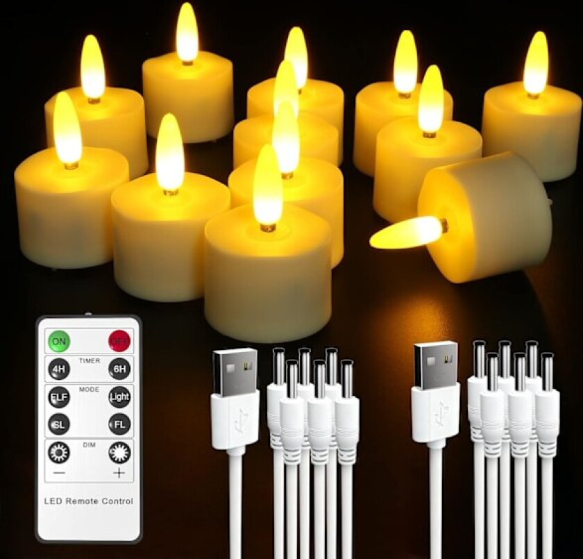 Flammeløse telys med fjernkontroll, 6 stk LED, flimrende, automatisk avstengningstimer, USB-kabel, for julefestdekor 12 st - Frostad textur