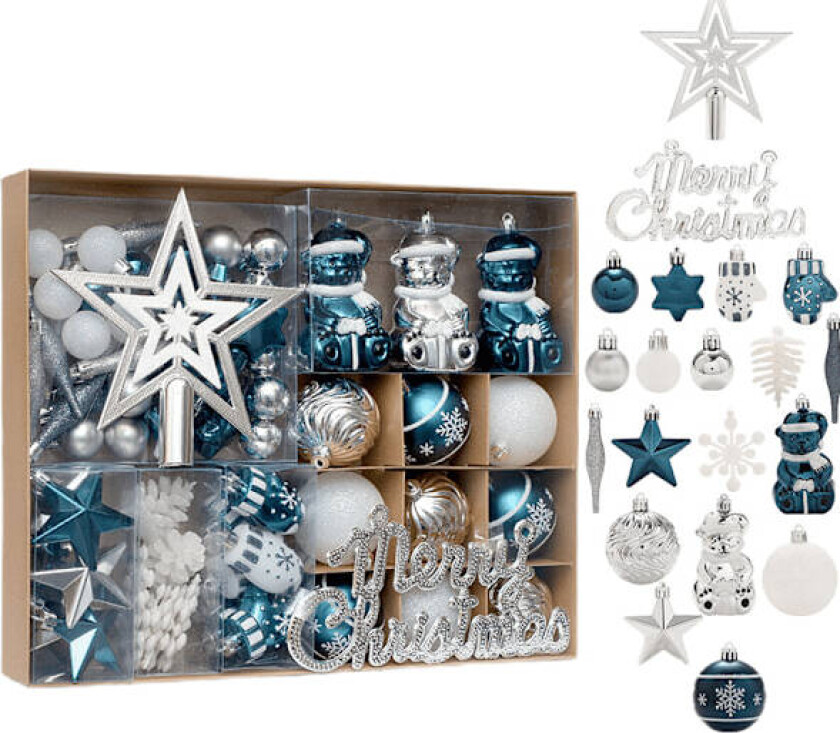 Julepynt, malt blå, hvit og sølv julekule sett, juletre dekorative anheng