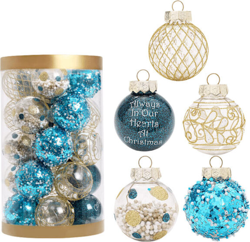 Julepynt, blå-gull malt julekulesett, juletrepyntkuler