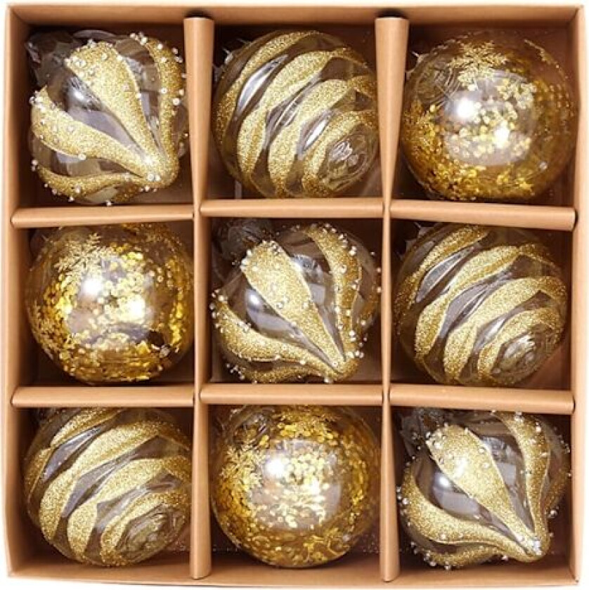 Sett med 9 julekuler, klare glitterhengende dekorasjoner, knusefrie kuler for julepynt hjemme (én størrelse) gold