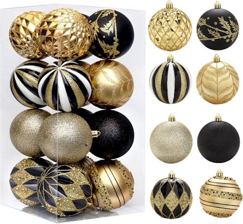 16-delt sett med julepynt, svart uregelmessig malt julekulesett, juletrærpynttilbehør